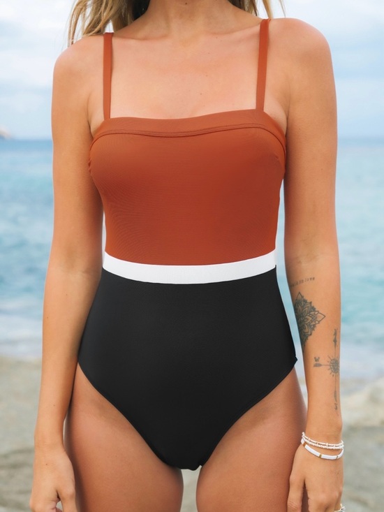 Aimage Other - Rust and Black Colorblock One-Piece Swimsuit with White Waistband